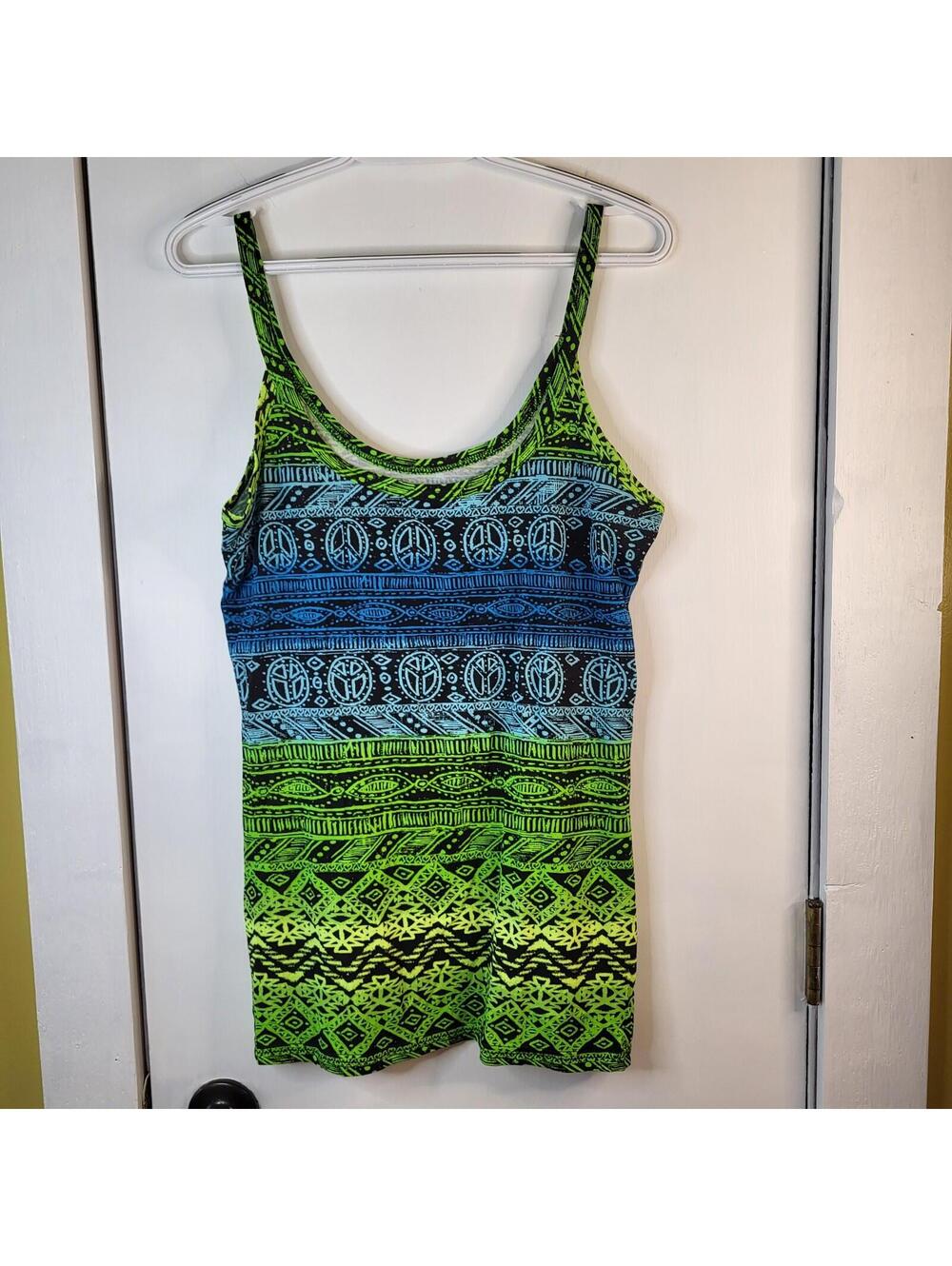 No Boundaries  blue and green women's XL Peace Aztec print 100% cotton tank top